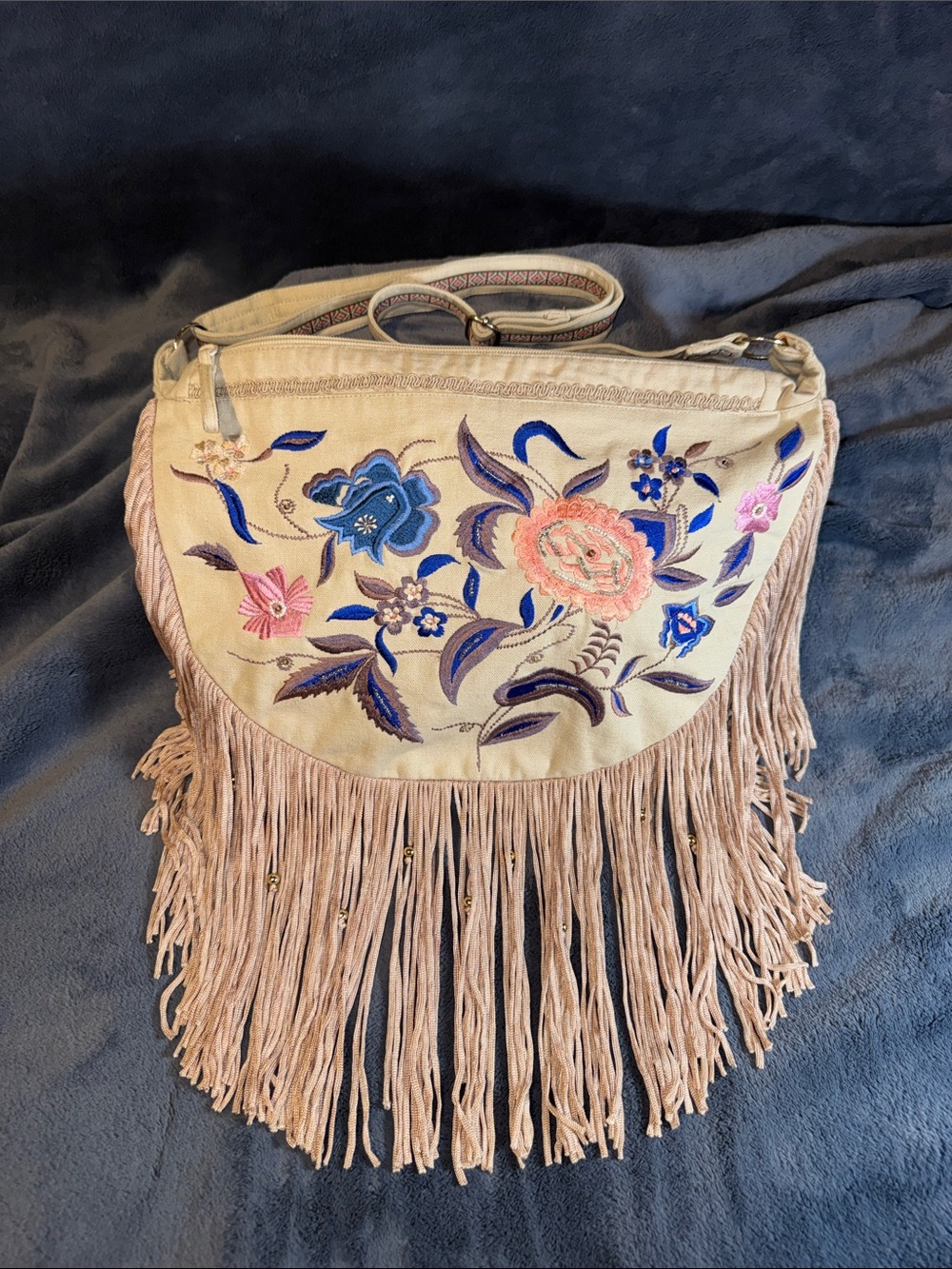 LaBellum By Hillary Scott Embroidered Beaded Floral Fringe Crossbody Bag